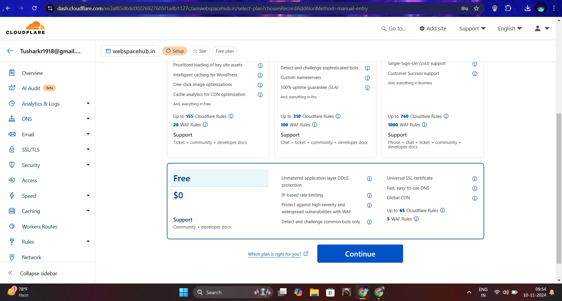 select free plan and continue in cloudflare