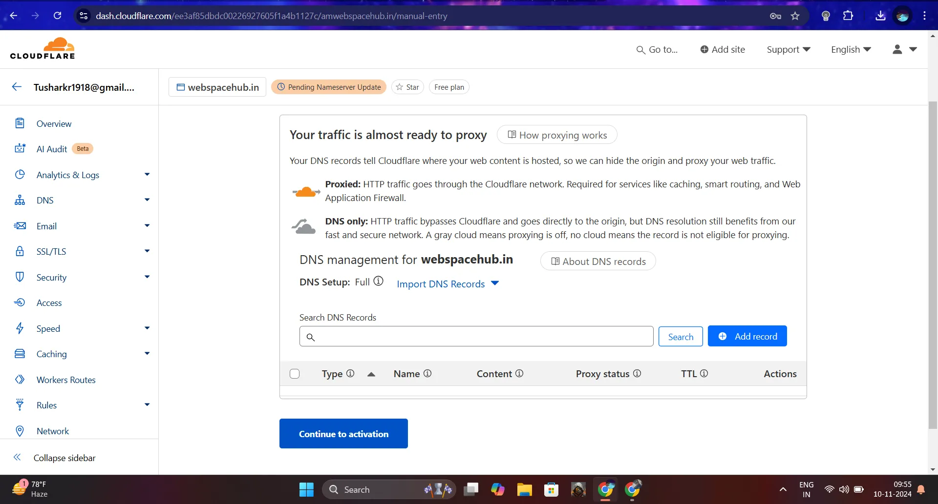 click on continue to activate your cloudflare account